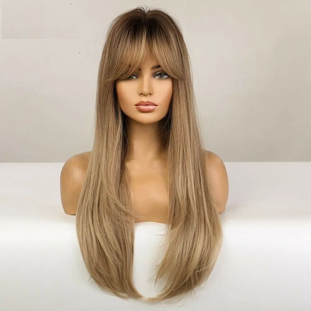 Long Straight Ombre Brown Synthetic Wig with Bangs for Women Wigs Fanshion Daliy