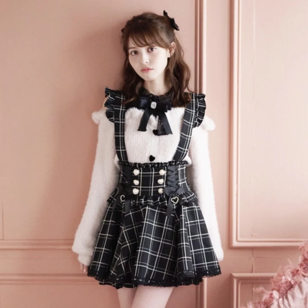 Liza Japanese Sle Sweet Ribbon  Knot Detachable Pearl Bule Production pe Skirt Pants High Waist Polka Dot