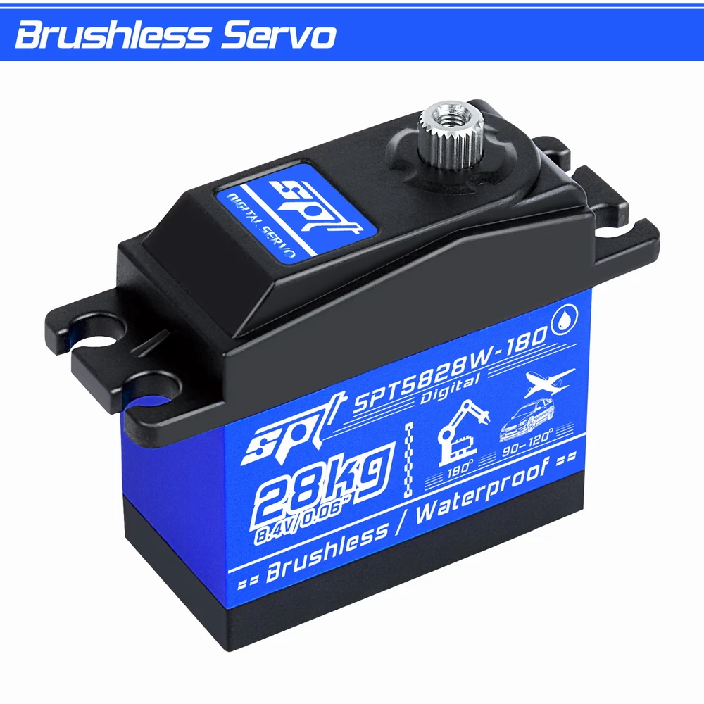 

Цифровой сервопривод SPT5828W 28 кг с большим крутящим моментом, металлическим редуктором, водонепроницаемый, 180° ° Бесщеточный двигатель для радиоуправляемых моделей 1/8: машин, роботов, грузовиков, манипуляторов
