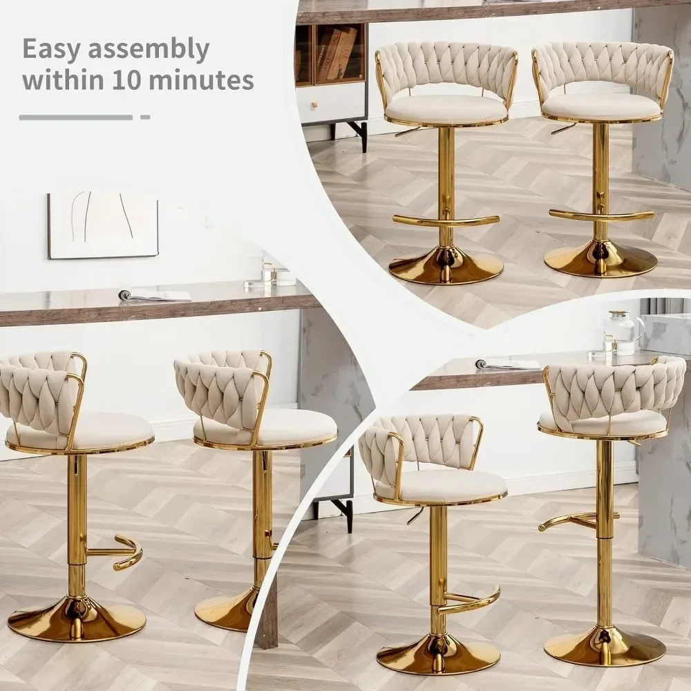 

Gold Bar Stools Set of 2, Low Back Counter Height Bar Stools, Velvet Adjustable Height, 360° Swivel Bar Stool