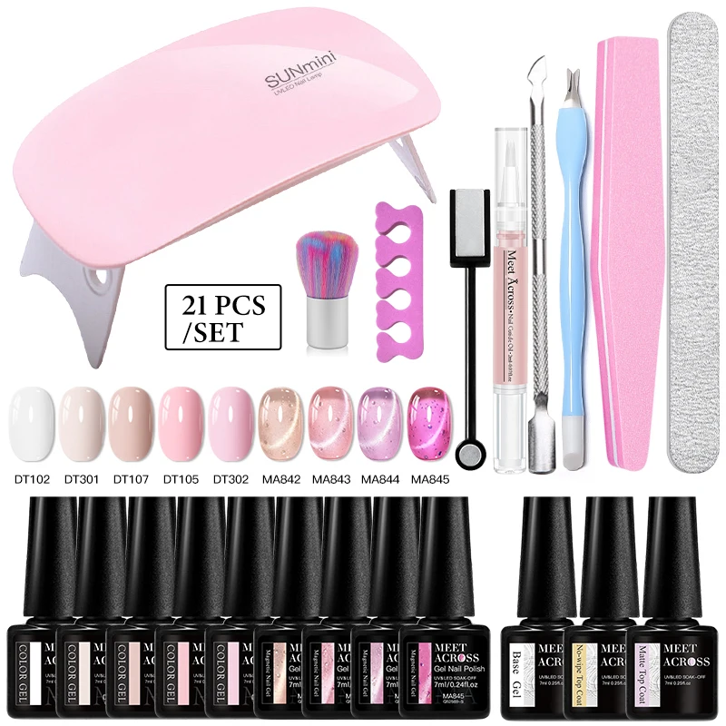 

21pcs Nude Pink Gel Nail Polish Set Glass Bead Cat Magnetic Gel Polish With Base Top Coat Manicure Nail Tool Kits Soak Off Nails