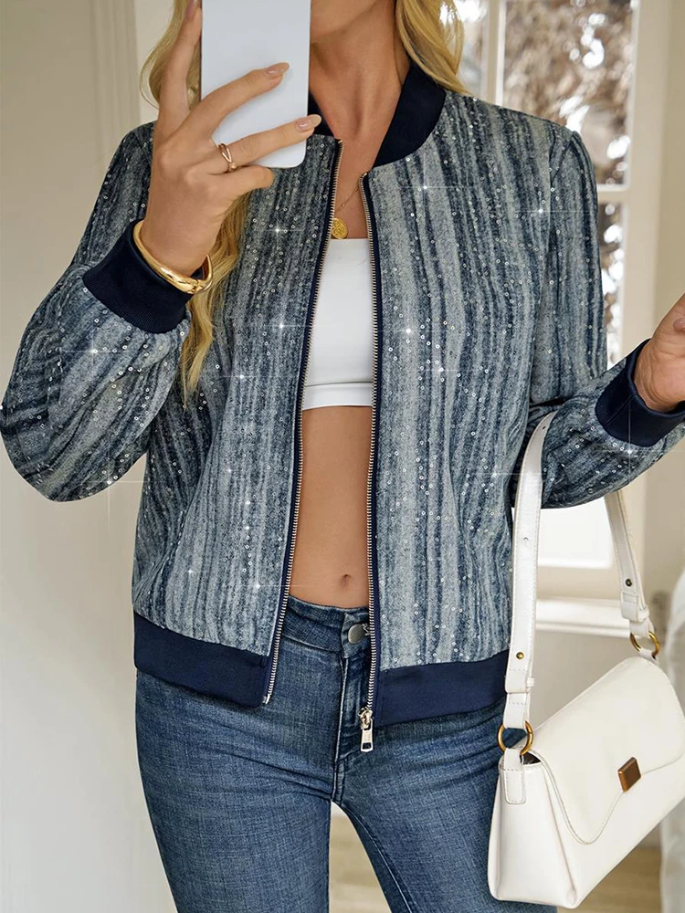 Casual Sparkly Streetwear Outerwear Cardigan Women's Sequined Striped Bomber Jacket Vintage Long Sleeve Zipper Baseball Top Coat