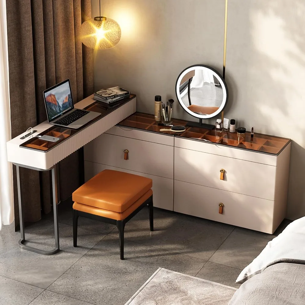 Dresser with drawers and mirror, brown wood top, leather ottoman