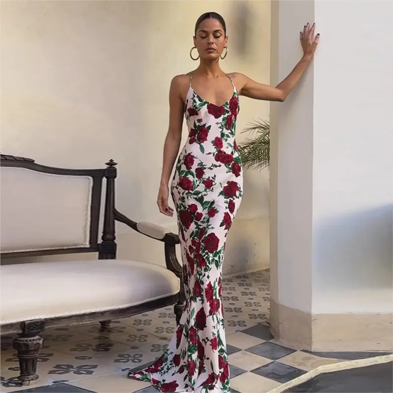 สาวร้อนสไตล์ Strapless Backless ลึก V คอดอกไม้พิมพ์ชุดชีฟอง SLIM FIT SHEER ชุดราตรีชุดราตรีสําหรับ Bold Sensual