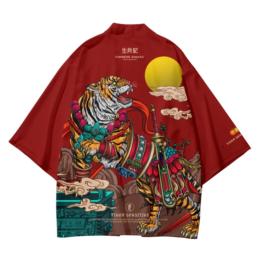 Tiger Print Cosplay Red Shirt Traditional Haori Kimono Women Men Harajuku Japanese Beach Yukata Streetwear Cardigan Clothing