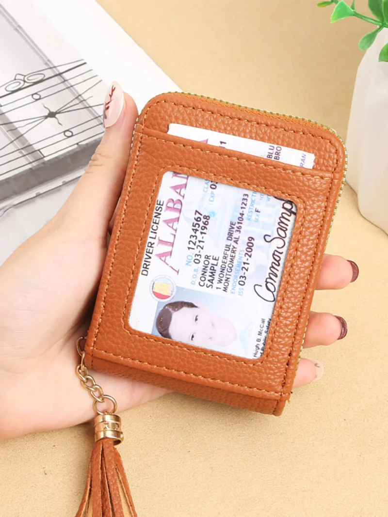 RFID Blocking PU Leather Card Holder with Tassel, Multi Slots Zipper Wallet Credit Card Coin Purse