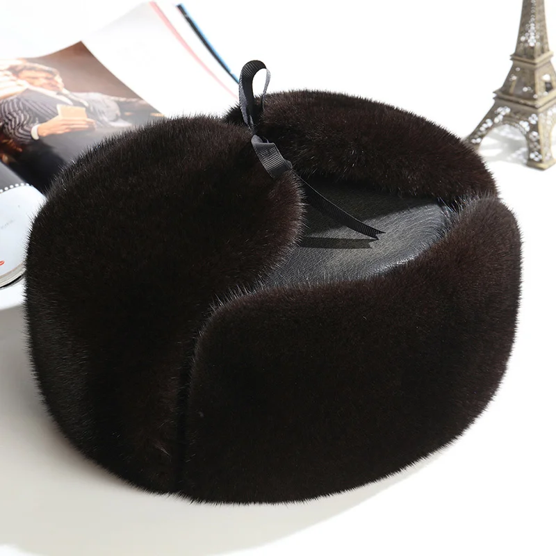 Mink Fur Hat Bomber Hats Winter 100% Real Fur Hat For Men Wool Fur Cap With Ear Protect Russion Hat Warm Cap With Ear Flaps