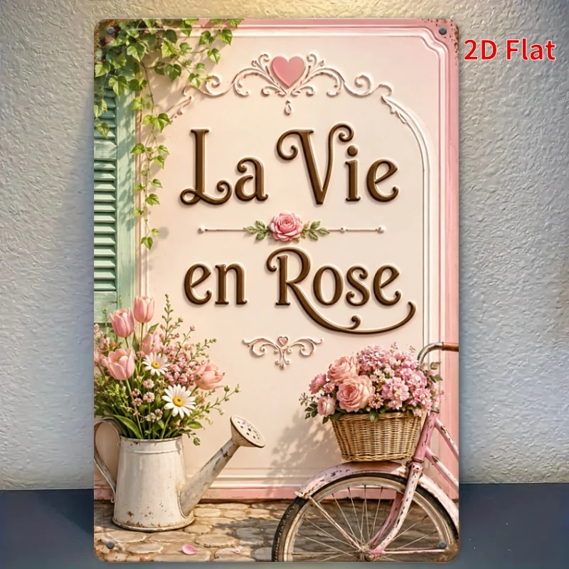 2D Flat, Decorative Sign 2D Flat, [2Dflat], 1pc French Decorative Signs, La Vie En Rose Vintage Floral Bicycle Plaque, Retro
