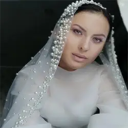 Romantic Long Wedding Veil 1 Tier Pearls Edege Beading Bridal Veil Headpiece White Champagne velos para la iglesia