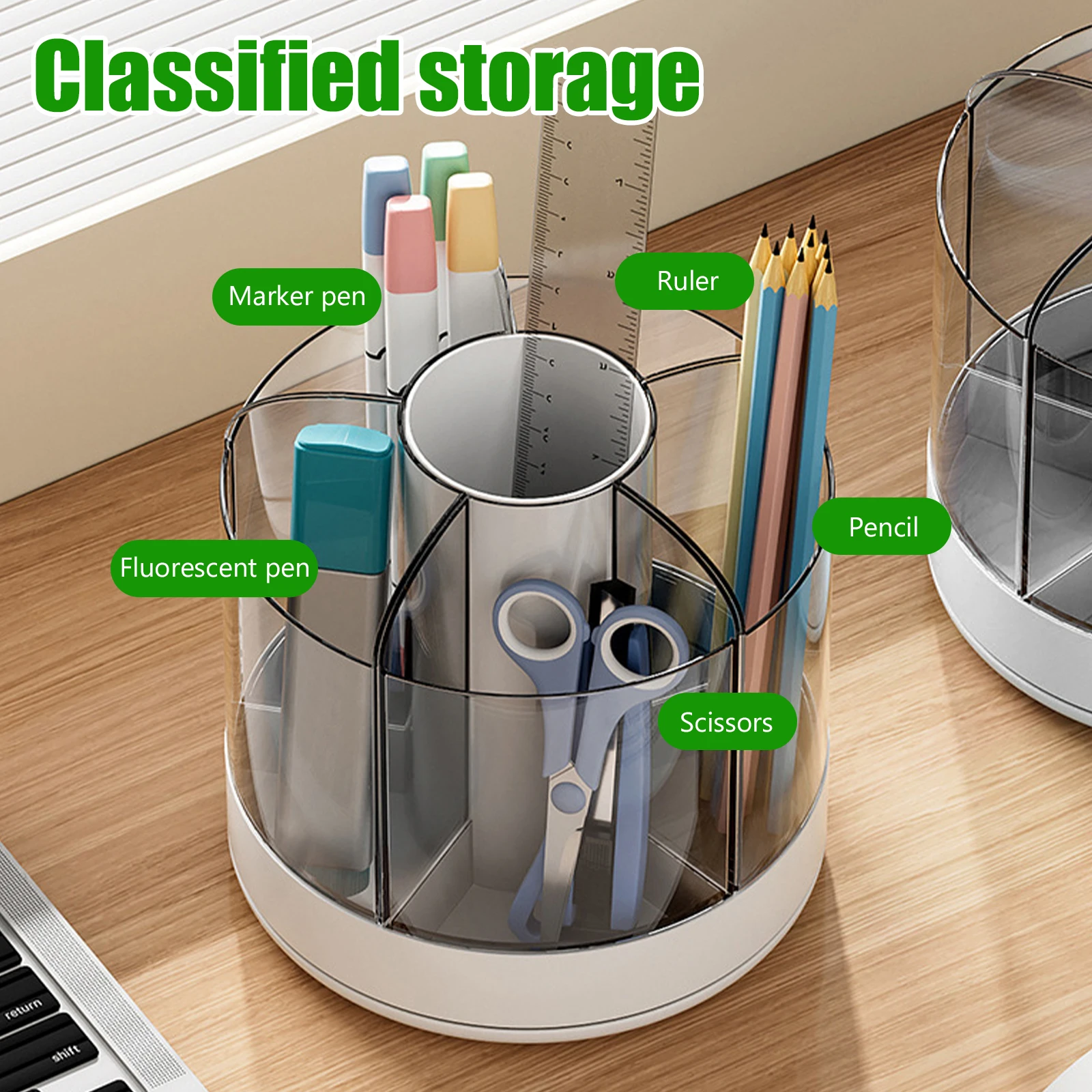 Rotating Pencil Organizer Large Capacity Round Desktop Storage Holder with 6 Compartments 360° Turntable Lipstick Organizer