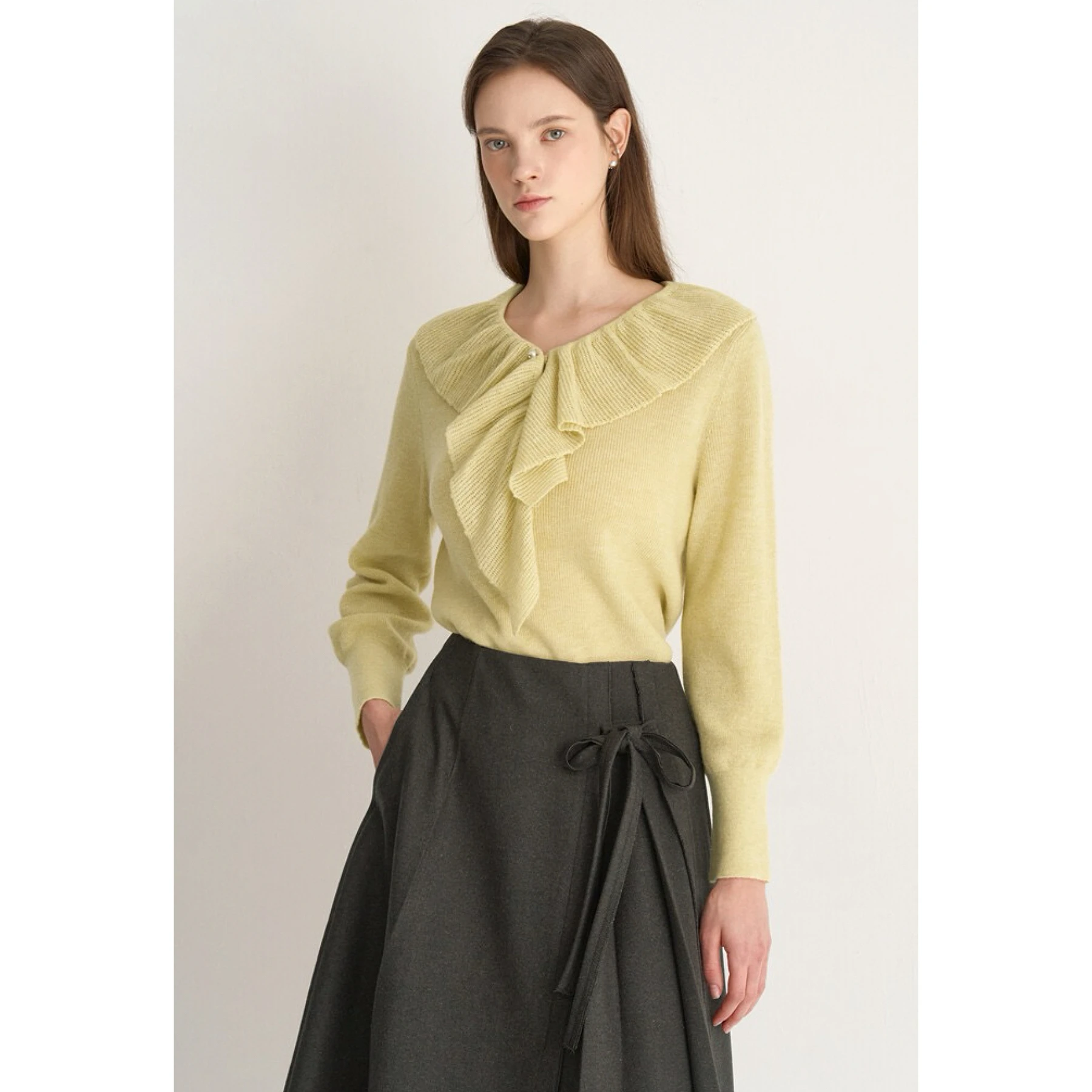 Faionable الليمون الجبن MIN25 الخريف الصوف محبوك سترة الوقوف طوق جرس Sve التخسيس تنوعا تخفيف Sle طويل Sve