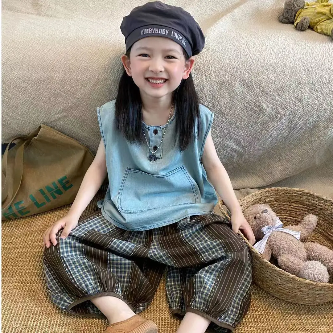 

Summer Men's and Girls' Neutral Thin Denim Vest Lantern Pants Two-piece Set Fashionable Summer Casual Japanese Suit