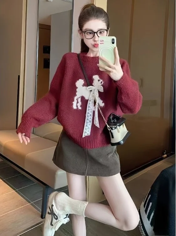 

Retro Red Bow Knot round Ne Long Sve Knitted Sweater Women's Loose Soft Lazy Autumn Design Sensation Casual Faion