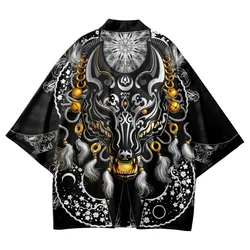 Japanese Cosplay Fox Samurai Print White Kimono Streetwear Cardigan Beach Yukata Men Women Haori Harajuku Tops Asian Clothing