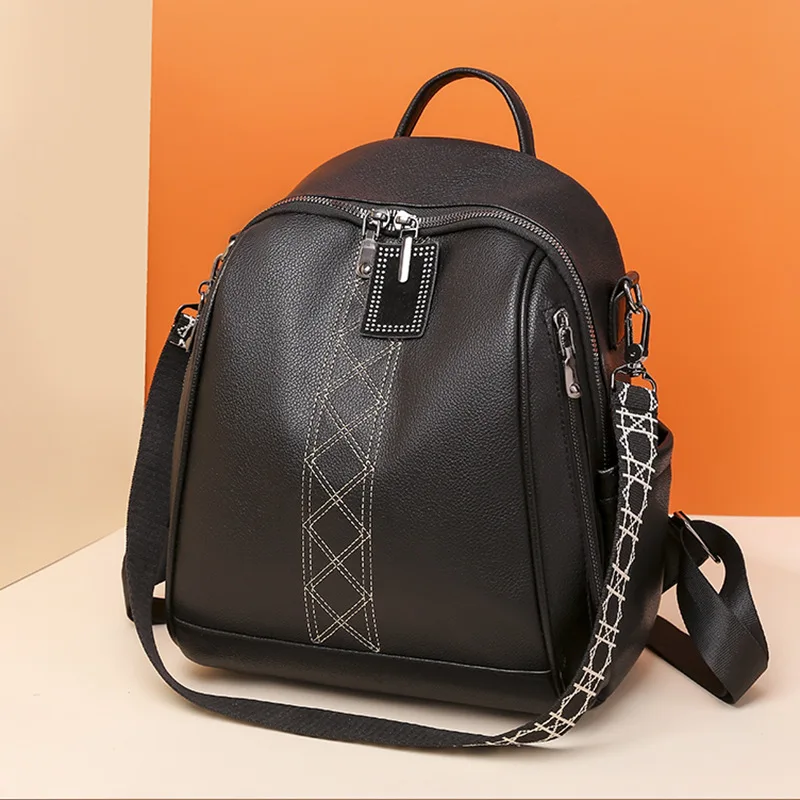 

European and American new fashion soft leather student backpack retro travel ladies backpack large-capacity college style.