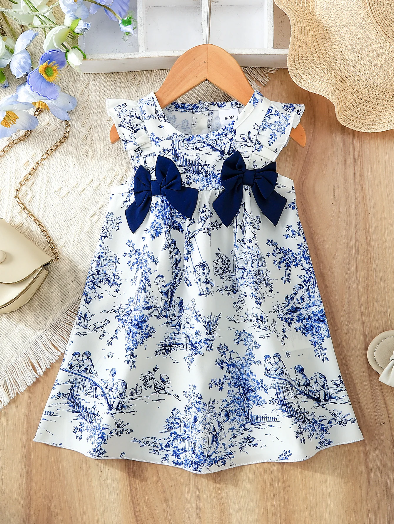 Sommerkleid für Babys, 6–18 Monate, blauer Toile-de-Jouy-Druck, Rüschenärmel, A-Linien-Kleid mit Schleifen, lässiges Party-Outfit für Kleinkinder