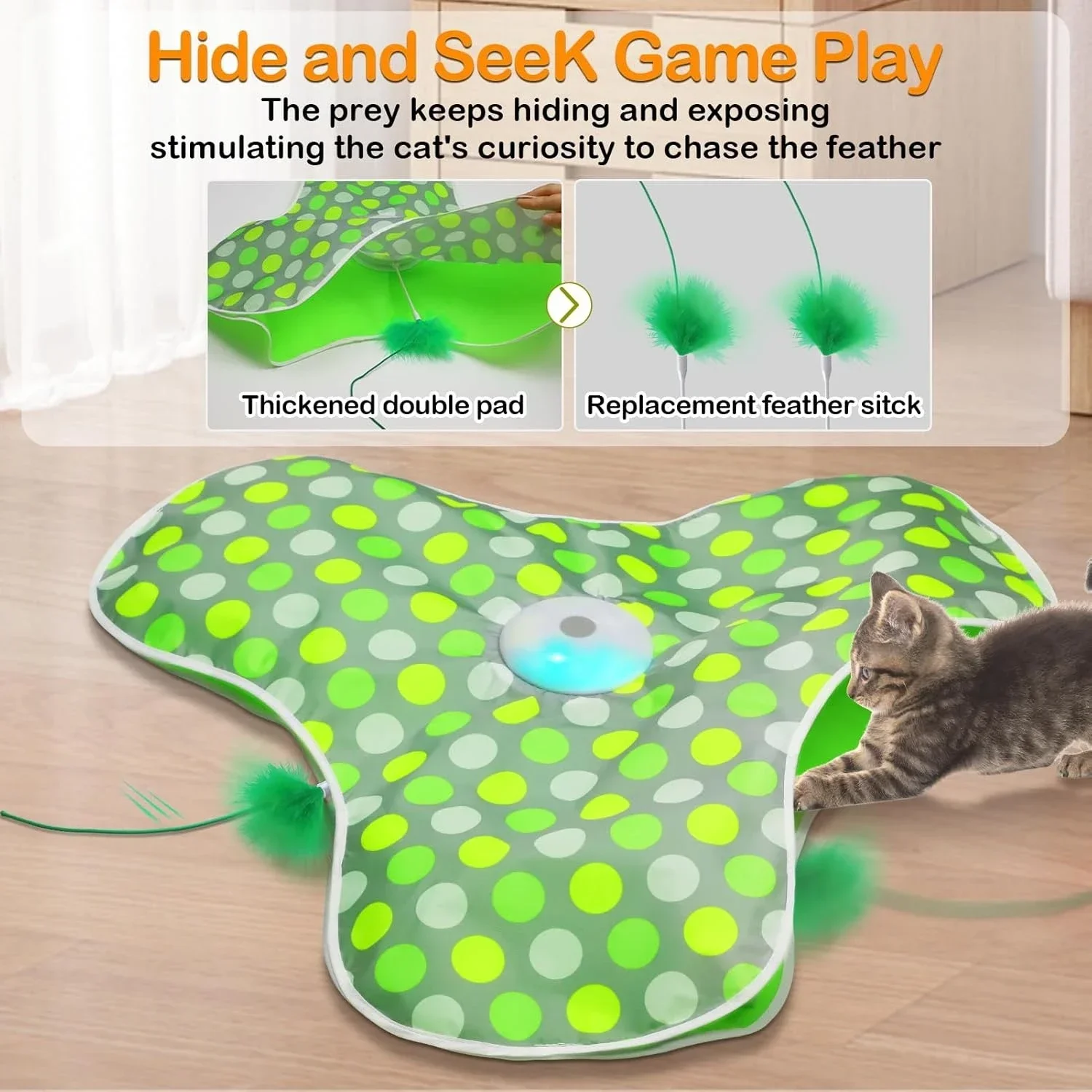 Smart Cat Toys Interactive Hide and Seek Cat Toy with Mouse Squeaky Motion Activated Moving Concealed Feathers Kitten Teaser Toy