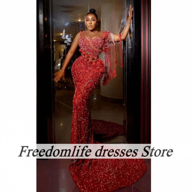 

Charming Red Mermaid Evening Dresses Luxury Handmade Flower Beaded Tassel Prom Dress Customized African Long Wedding Party Gowns
