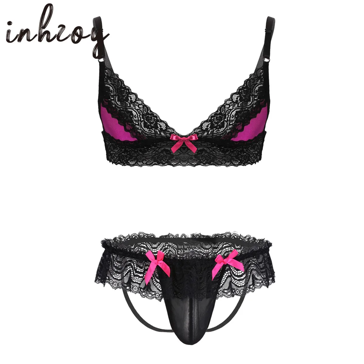 Set di biancheria da uomo Sexy da uomo reggiseno di pizzo Sissy e slip intimo perizoma vedere attraverso indumenti da notte da notte aperti