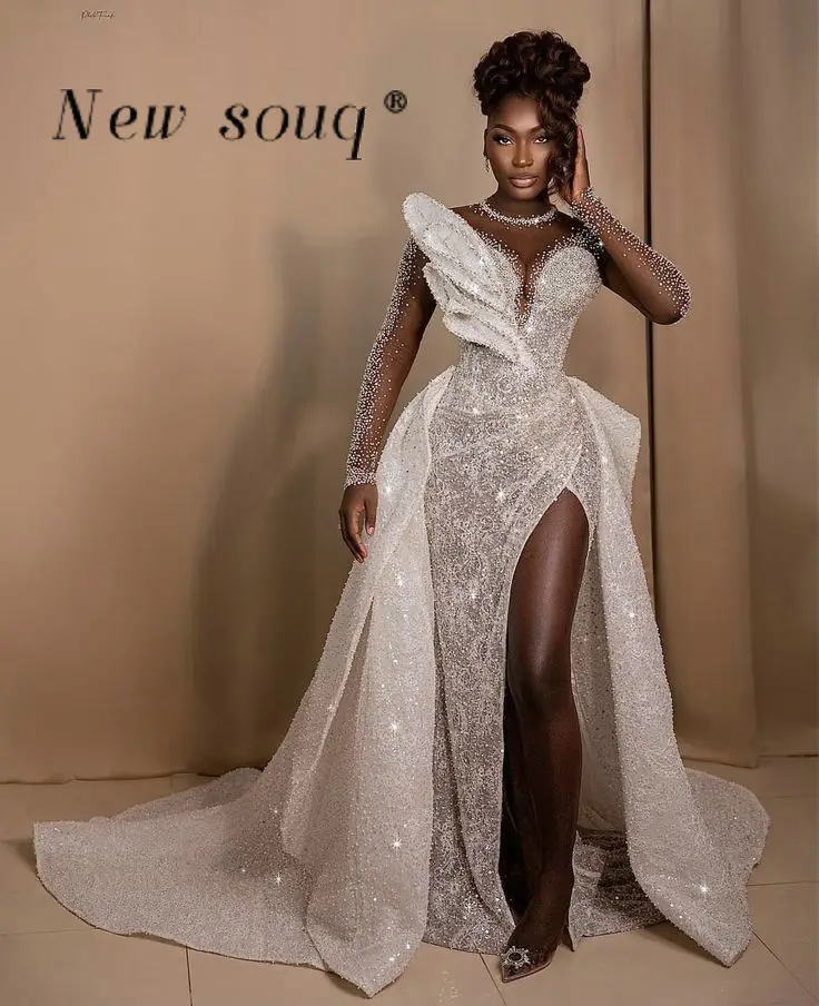 

Pretty African Nigerian Sparkle Beaded Wedding Party Gowns For Women Sexy High Slit Long Evening Gowns with Detachable Train