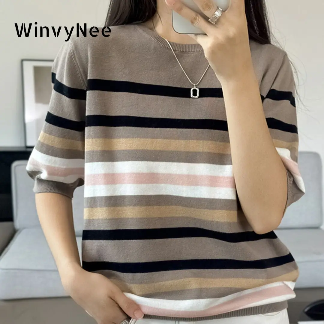 WinvyNee Summer Women‘s 100% Cotton T-shirt Tops Short Sleeve O Neck Striped Sweaters Casual Basic Female Pullover Tops A1002028