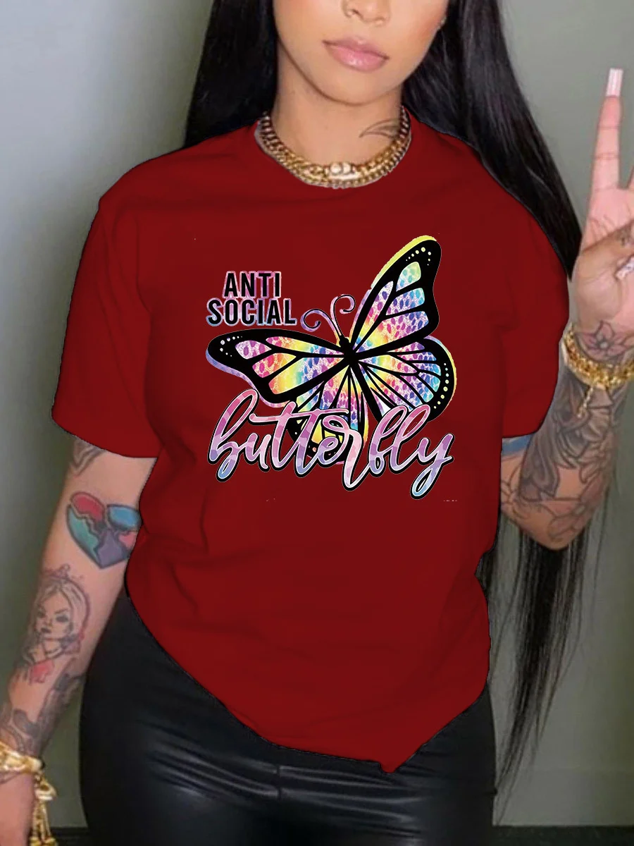 Fashion Plus Size Tops Rhinestone Butterfly Letter Print T-shirt Regular Short Sleeve Positioning Printing O Neck Tee For Women