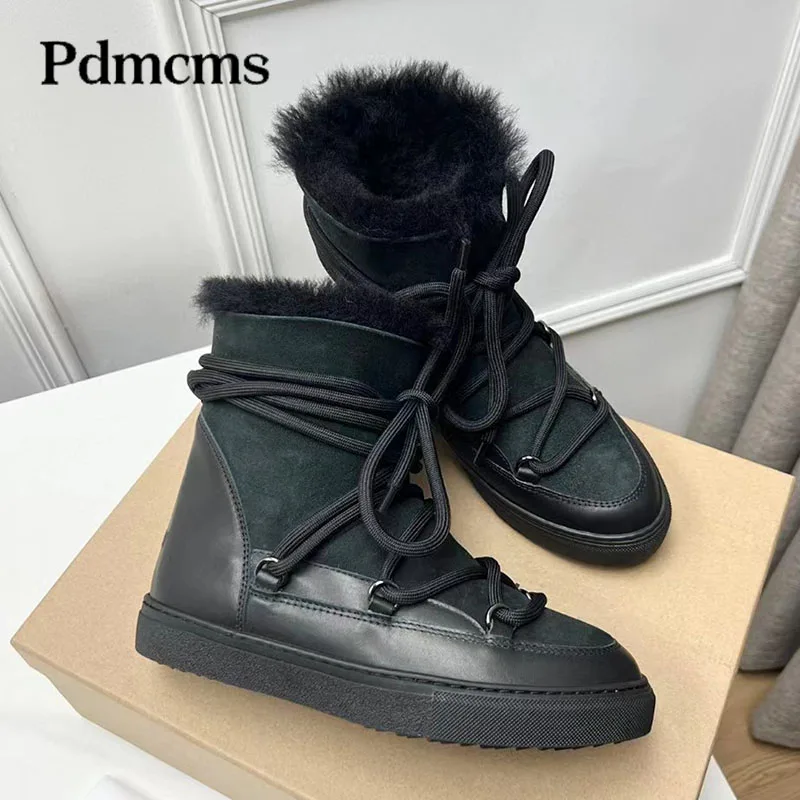 

Winter Snow Boots Woman Round Toe Lace Up Short Boots Wool Warm Flat Shoes Women Cow Suede Patchwork Ankle Boots Women