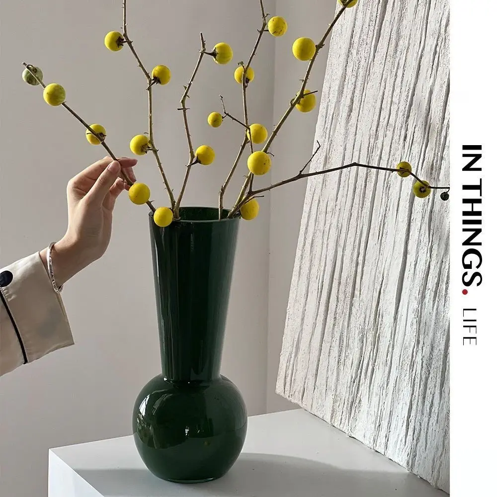 Modern Dark Green Glass Vase Minimalist Bulb Base Flared Mouth For Home Decor Living Room Table Centerpiece Dried Flower