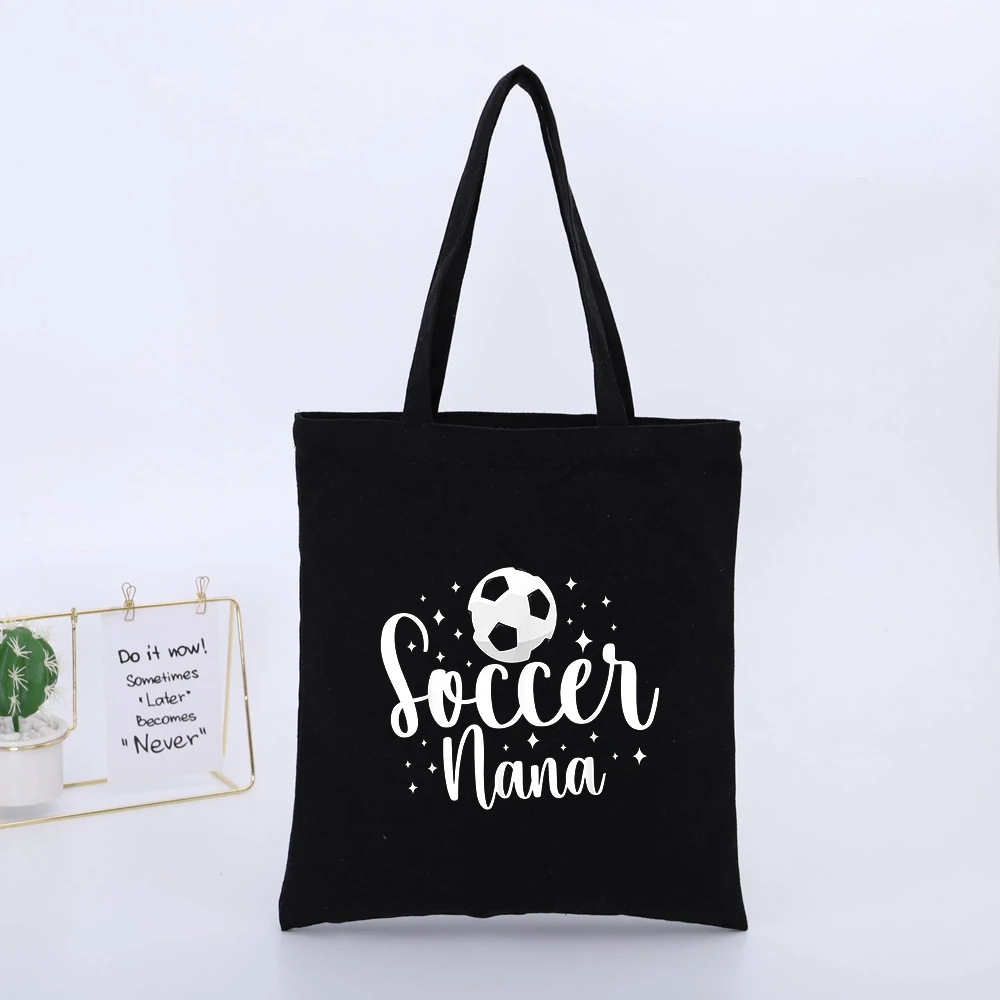 Soccer Nana's Black Canvas Tote Bag with Soccer Ball and Typography Print, Casual Style for Daily Outings