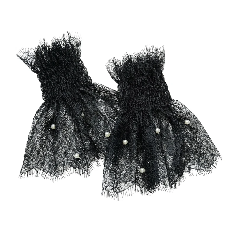 Q39C Elegant Lace Wrist Cuffs Lace Pearls Studded Nails Photography Props Soft Fabric Comfortable Elastic Edges