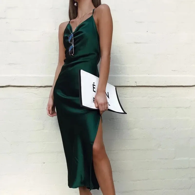 فستان نسائي بحمالات من الساتان مكشوف الظهر ، فستان سهرة متوسط الطول أخضر أنيق ، نادي حفلات مثير ، الصيف ، من من الخارج ، من الخارج #5