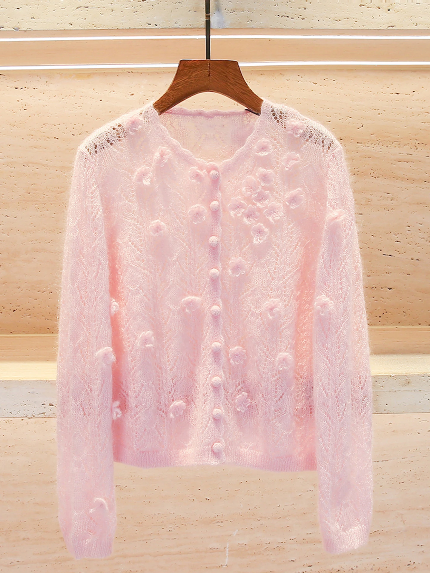 

Sweet Pink Knitted Hook Flower Open Cardigan Top for Women Midweight Long Sleeve round Neck Short Style Commute Fashion