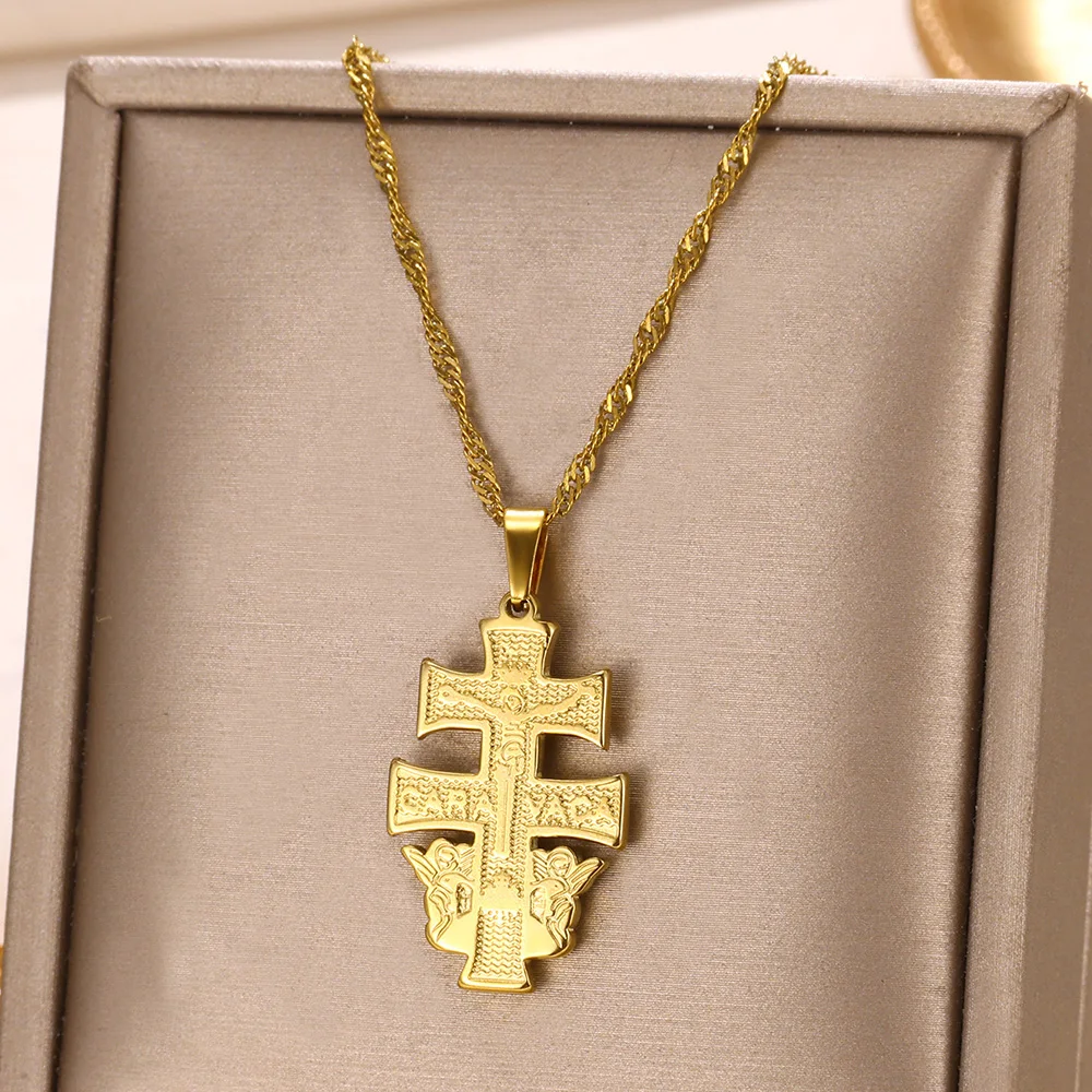 Vintage Stainless Steel Saint Cross Of Caravaca Pendant Necklace Religious Cross Gifts for Women Men Church Christmas Jewelry