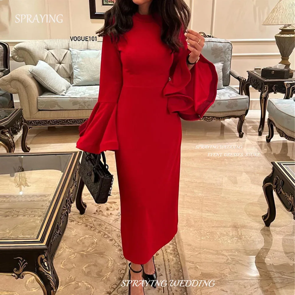 

SPRAYING Elegant Red Prom Gown for Women Saudi Arabia O-Neck Sheath Long Sleeves Ankle-Length Evening Dress