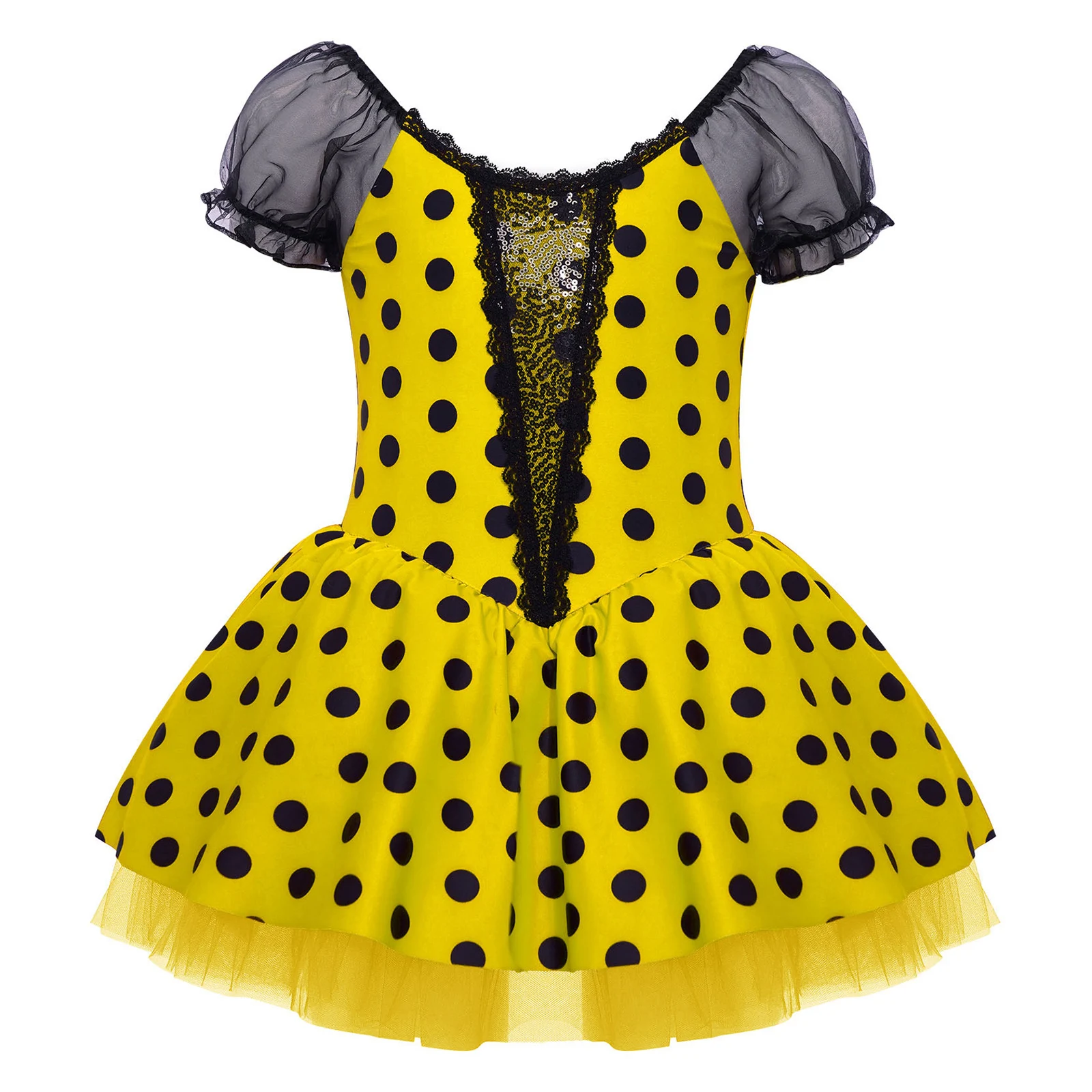 Strój do tańca flamenco, tanga, tańca latynoamerykańskiego, baletu dla dziewczynek, krótkie bufiaste rękawy, błyszczące cekiny, kropki, tiulowa spódniczka, sukienka do łyżwiarstwa figurowego