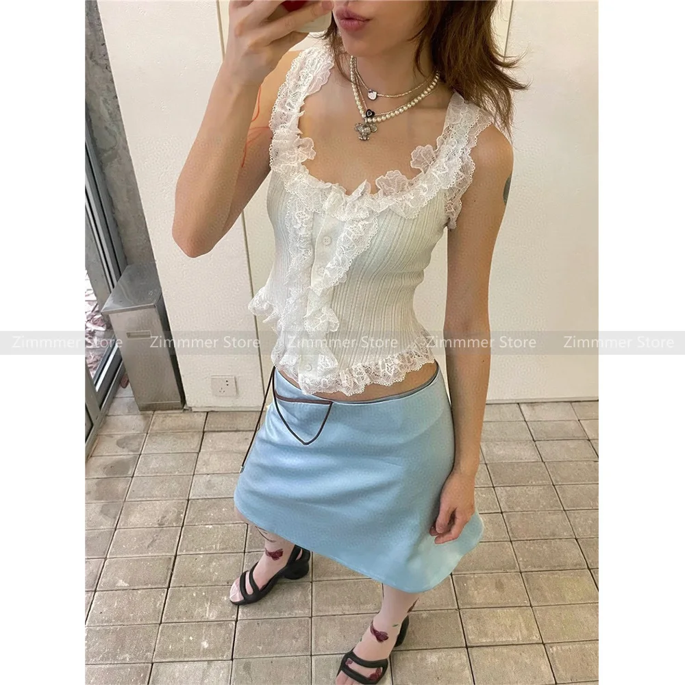 

Sexy Spice Girl Spell Lace Trim Irregular Slimming Top Dressy Slim Chic Knit Sweater Camisole Tank Top