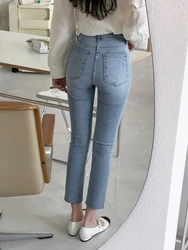 Light Blue Jeans Women Straight Leg Elastic Chic Boyfriend Pants Denim Streetwear Women Ladies Cargo Pants New Fashion 2023