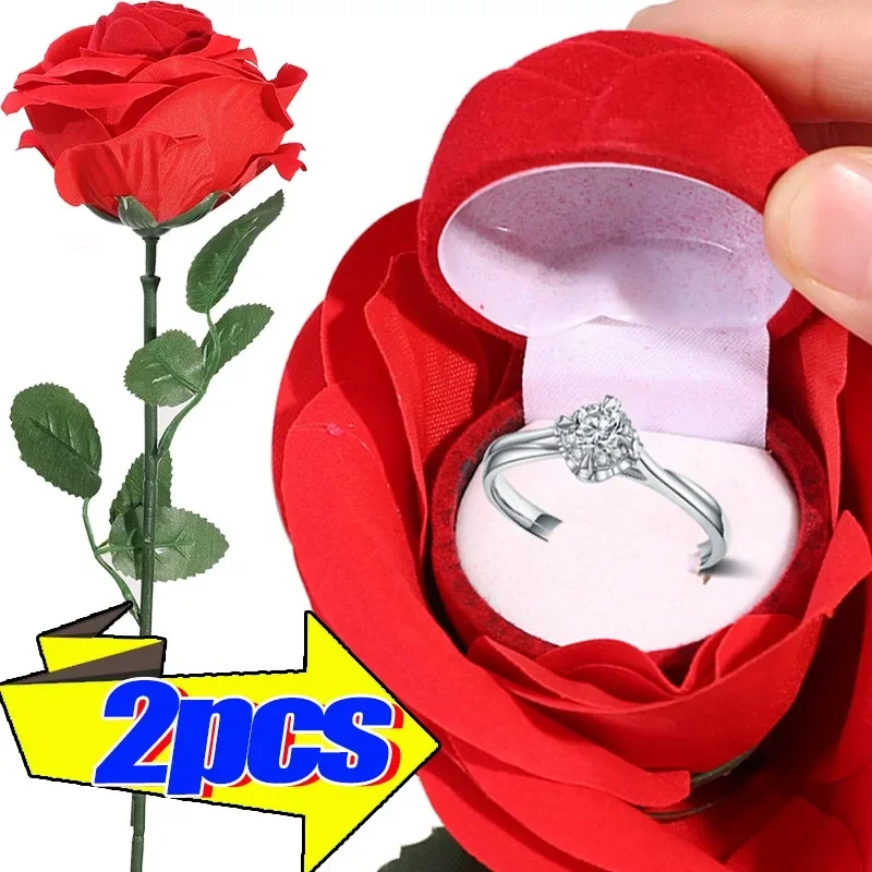 Cteative Rose Flower Ring Boxes Red Velvet Rose Earring Display Holder Gift Box Bridal Wedding Engagement Jewelry Storage Case