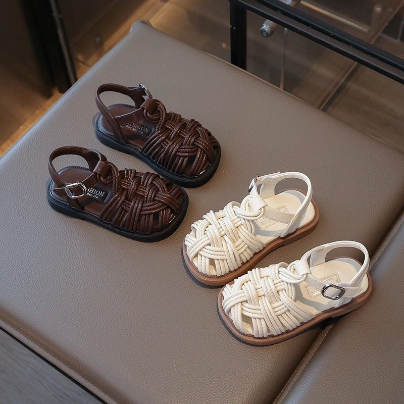 2025 New Children Gladiator Sandals Woven Style Girls Summer Shoes Solid Color Versatile Kids Fashion Causal Flat Beach Sandals