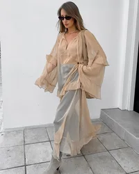 Khaki autumn and winter new ruffle edge dress 2024 European and American fashion sunscreen cover