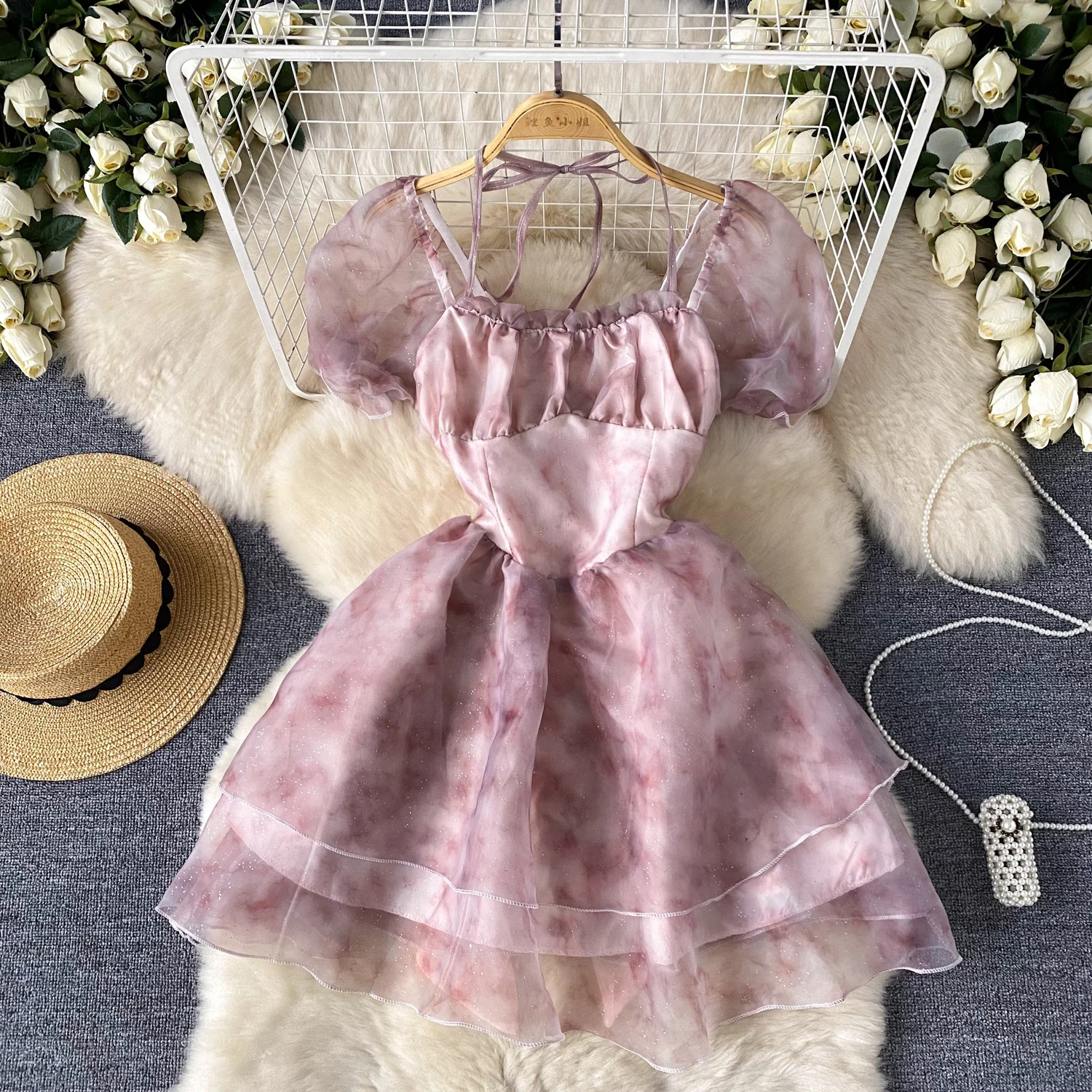 Romantic Atmosphere Tie Dyed Mesh Dress Women's Summer Lace Waist A Line Princess Dress Super Immortal Fluffy Short Skirt