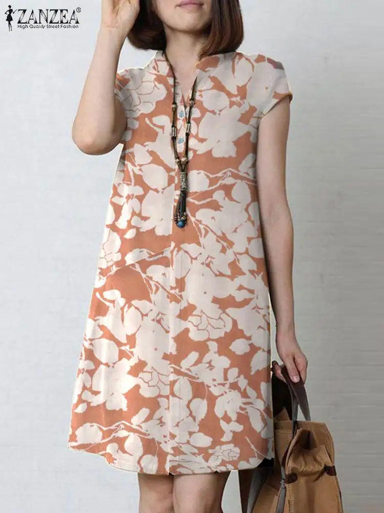 2024 Zomer Gebloemde Jurk Zanzea Vrouwen Vintage Korte Mouw V-Hals Vestidos Robe Femme Bohemian Fashion Zomerjurk Oversized