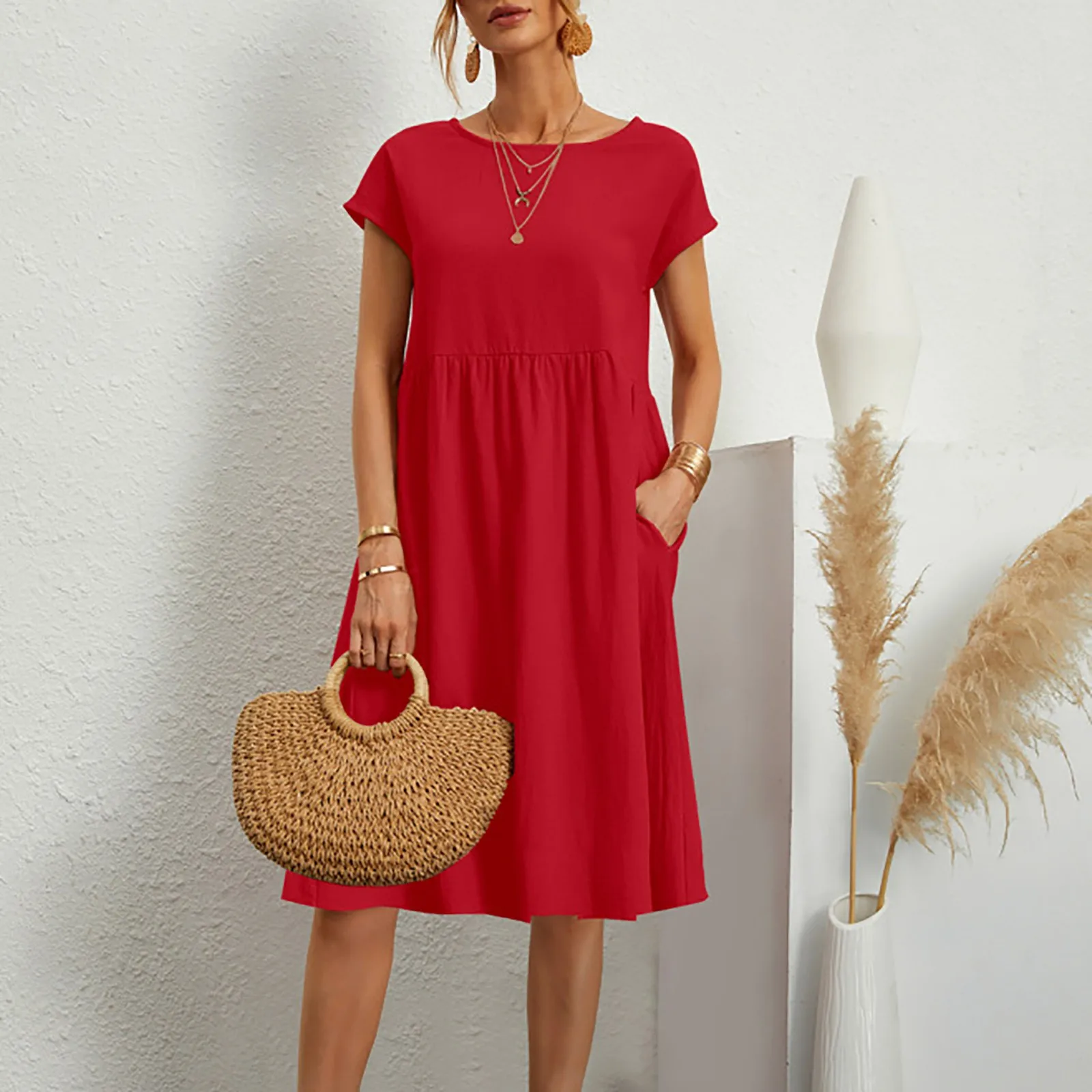 Vestidos casuais de estilo vintage feminino, feminino com decote em O, monocromático, confortável na altura do joelho com bolsos, vestido simples, verão