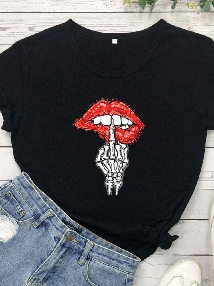 

Skull Hand Red Lip Print Women T Shirt Short Sleeve O Neck Loose Women Tshirt Ladies Tee Shirt Tops Clothes Camisetas Mujer