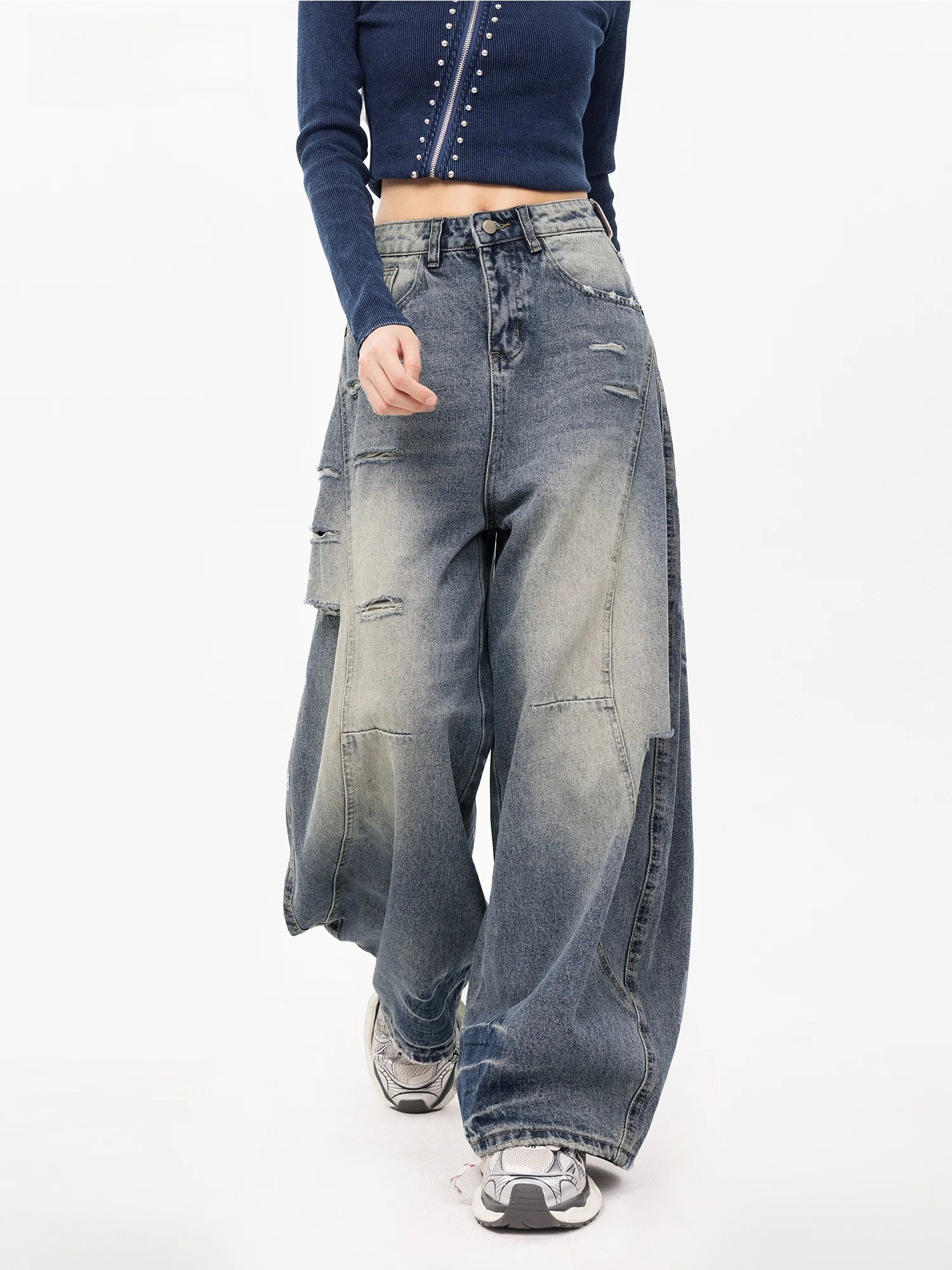 

Синие джинсы с изогнутым кроем, женские, свободные, широкие, фасона «баллон», повседневный стиль, с эффектом потертости, новинка 2026 года, весенняя мода