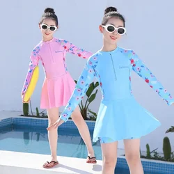 Children's One Piece Swimsuit, Long Sleeve Anti-uv Big Teenage Swimsuit, Swim Dress, New Korean Cartoon Girl Kid's Swimwear