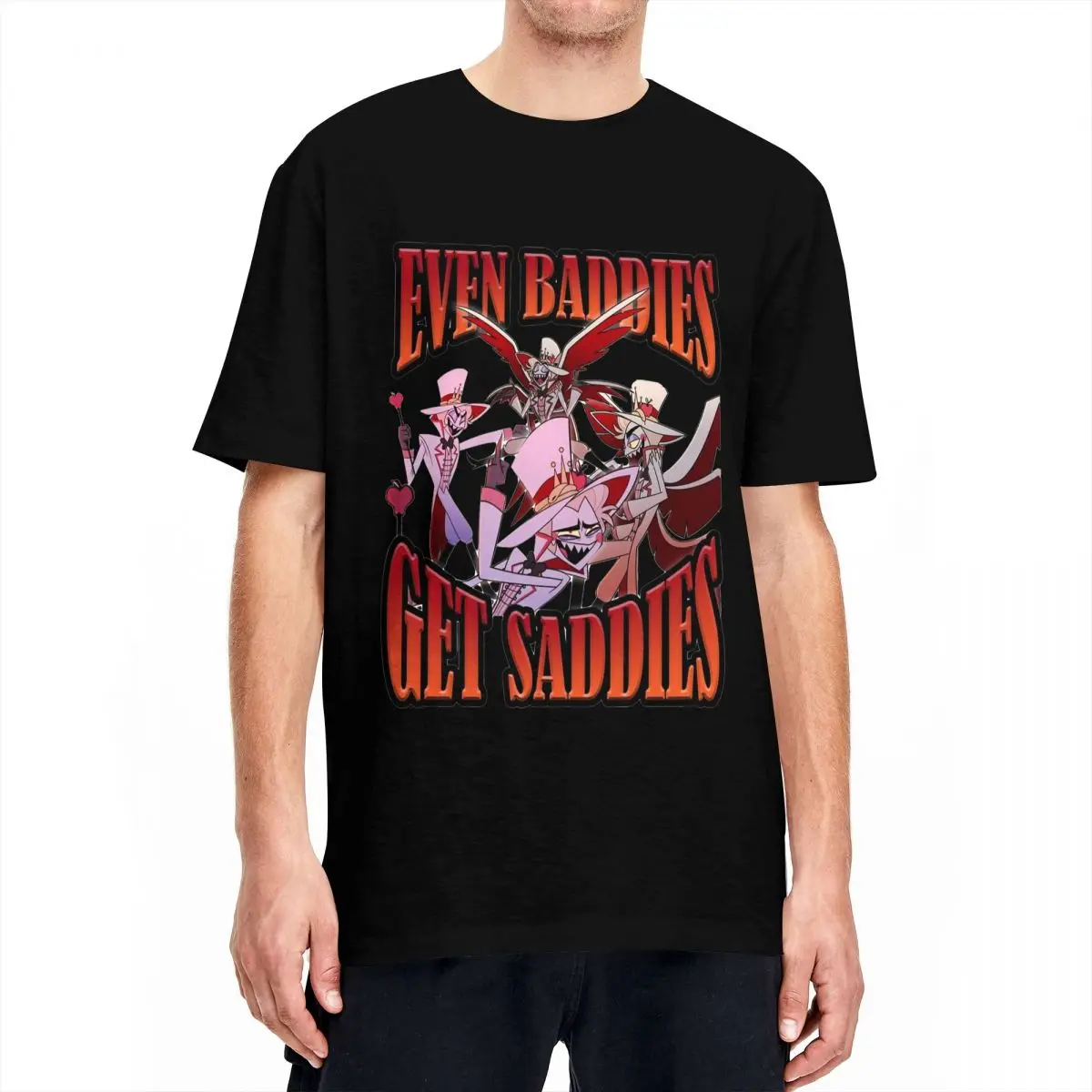 Lucifer Even Baddies Get Saddies T Shirt Men Hazbins Hotels Retro Cotton T-Shirts Summer O-Neck Tees Casual Oversize Clothing