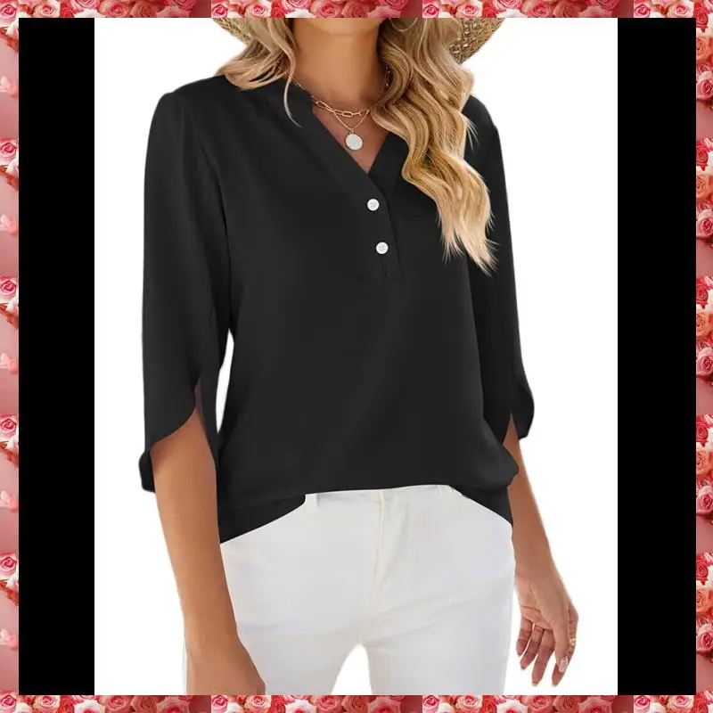 ผู้หญิงเสื้อชีฟองลําลองเสื้อ 1/2 Ruffled Sleeve V คอหลวม Fit เสื้อเสื้อ