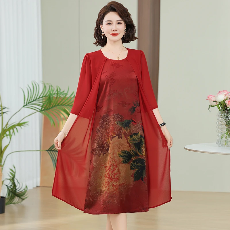 エレガントな夏の女性のクルーネックプリントスプライシングシフォンスリム半袖シフォンフェイクツーピースミッドレングスドレス