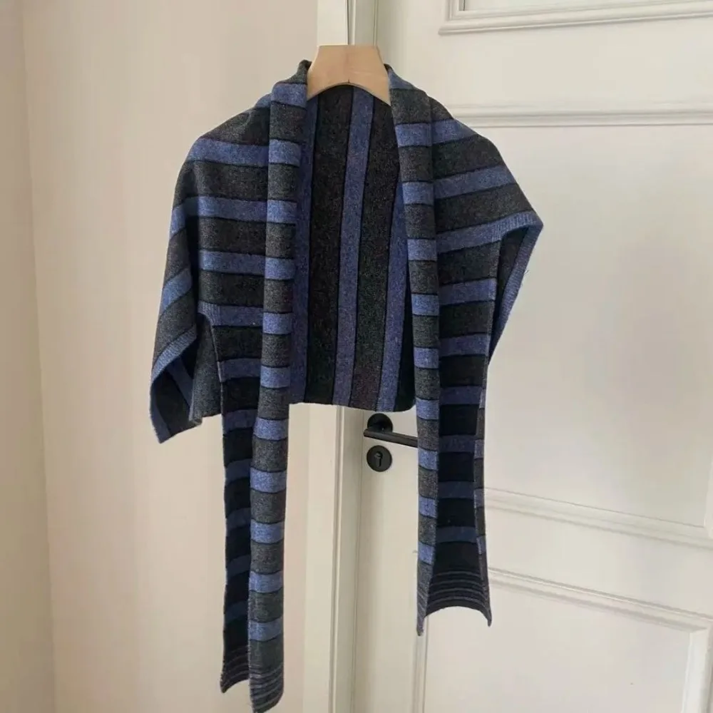 Elegant Cape T-Shaped Striped Shawl Retro Cloak Large Wraps Warm Korean Style Knitted Neck Wrap Female